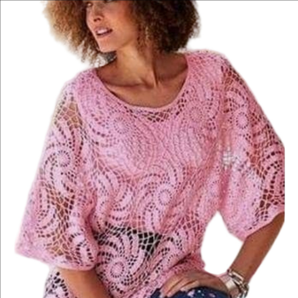 Denim 24/7 Y2K Vintage Pink Handknit Croshet Hollow Out Short Sleeve Ramie Top M